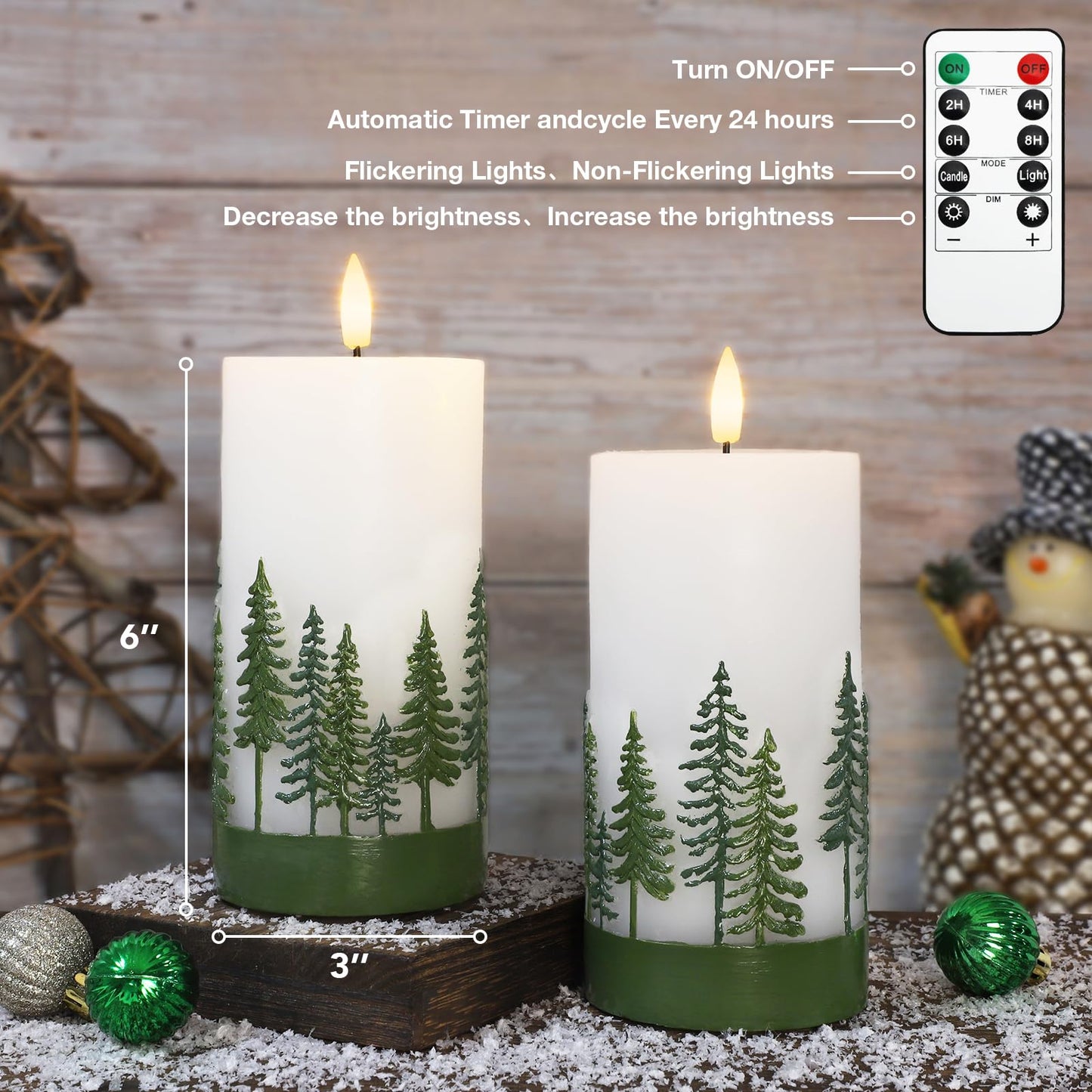 Crystal Club Christmas Tree Flameless Candles, Battery-Powered Led Pillar Candle With Remote, 3D Flickering & Real Wax Embossed