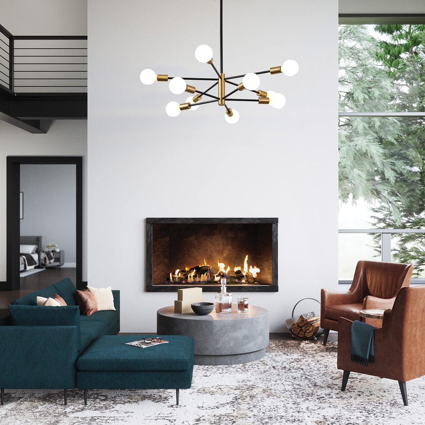 Kaisite Modern 10-Light Sputnik Chandelier - Black & Gold Metal Pendant Lighting For Kitchen, Dining Room, Living Room, Bedroom, Model 8006-10C