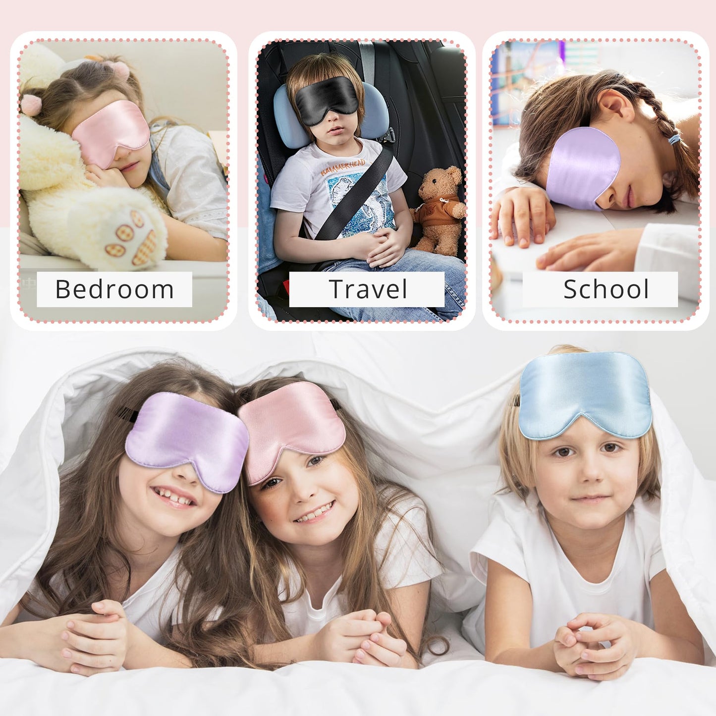 Pyopbow Kids Sleep Mask Eye Cover, 100% Real Natural Pure Silk Eye Mask with Adjustable Strap, Blindfold Kids Eye Mask for Sleeping, Eye Shade for Boys Girls and Adult, Pressure-Free Comfort (Pink)