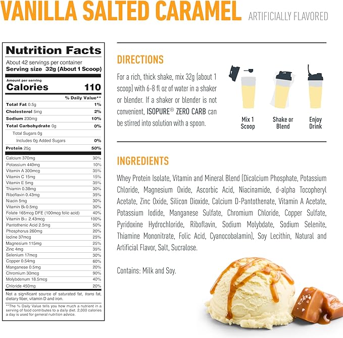 Isopure Zero Carb 100% Pure Whey Isolate Protein Powder, Lactose Free, Gluten Free, With Vitamins, Vanilla Salted Caramel, 25g Protein Per Serving, 3 Lbs, 42 Servings (Packaging May Vary)