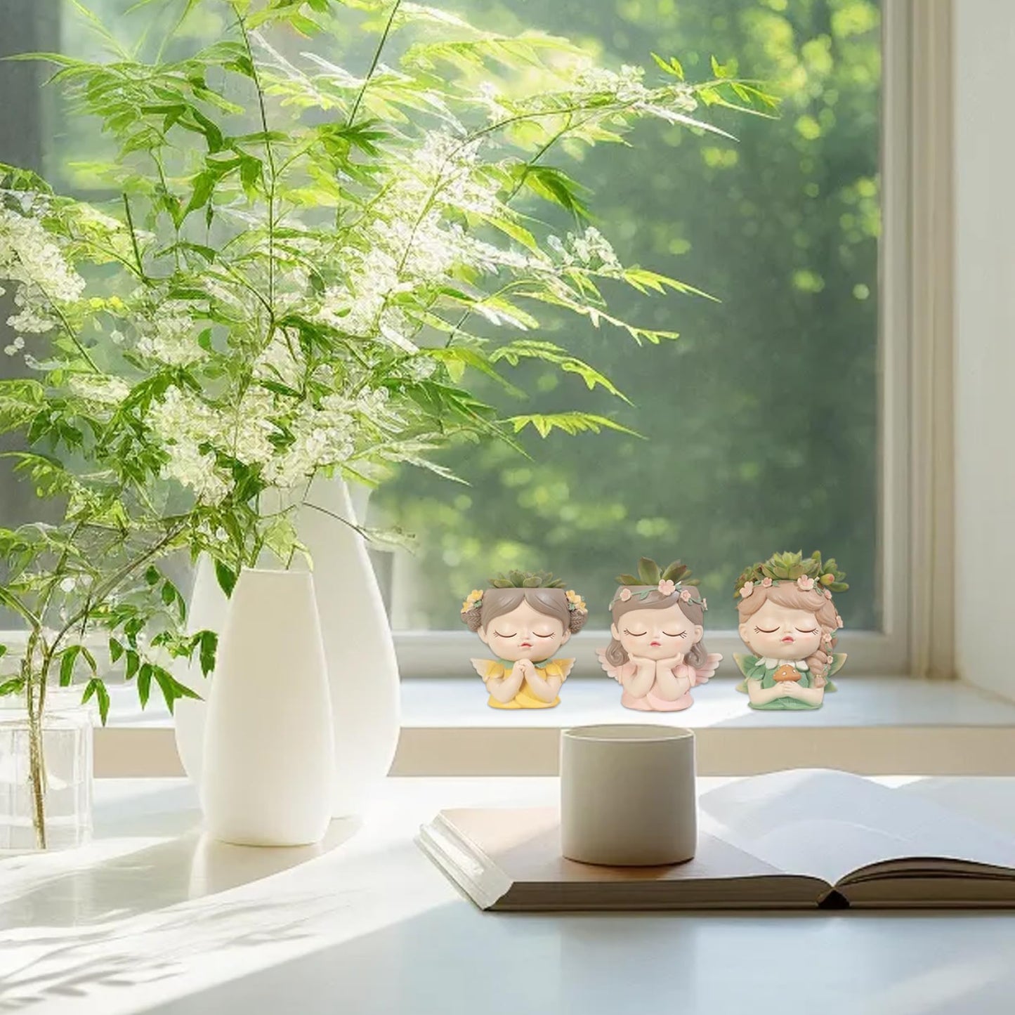 Face Planter Fairy Girl Face Pots Resin Plants Pot with Drainage Hole Small Cute Girl Face Succulent Pots for Indoor Outdoor Plants Tiny Cactus Thinking