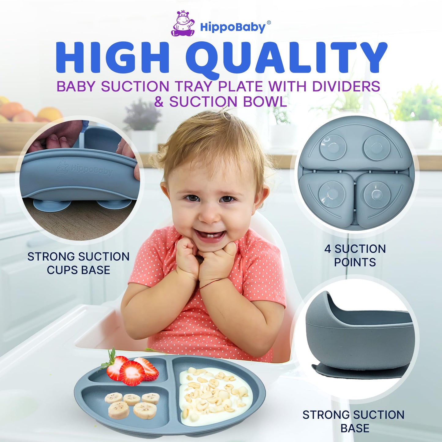 HippoBaby Baby Led Weaning Supplies | 10 Piece Silicone Baby Feeding Set | Baby Toddler Bib Cup Divided Plate and Bowl Self Feeding Spoons Dish Set | Baby Utensils | Toddler Feeding Supplies (Sky)