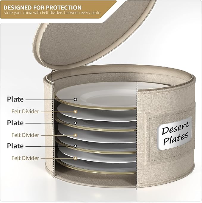 Sorbus China Storage Containers – Dinnerware Organizer for Salad Plates with Lid (Holds Service for 12) with Felt Protectors – 8.5" x 5.5"