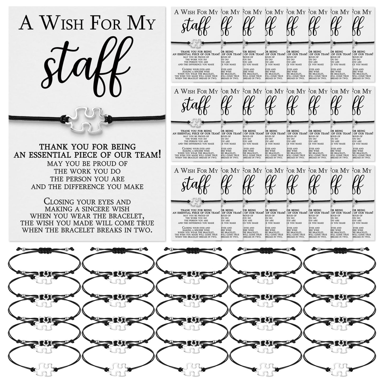 Huquary 12 Sets Staff Appreciation Gifts Bulk Team Puzzle Piece Bracelet Bulk with Employee Thank You Postcard a Wish for My Sta