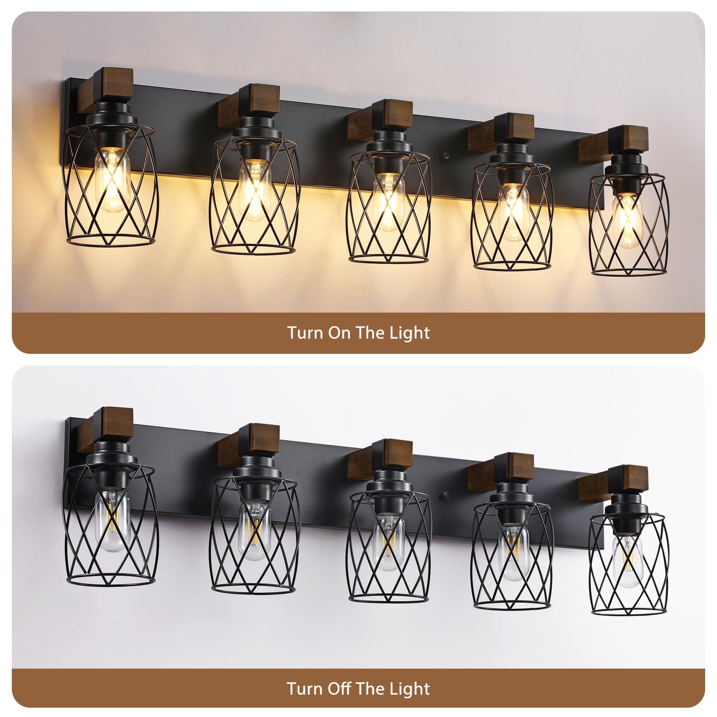 Xvmbvm Farmhouse Bathroom Vanity Light  5-Light Wood Bathroom Light Fixtures Over Mirror  Black Industrial Vanity Lights With Metal Shade  Rustic Bathrooms Lighting For Living Room  Bedrooms  Hallway