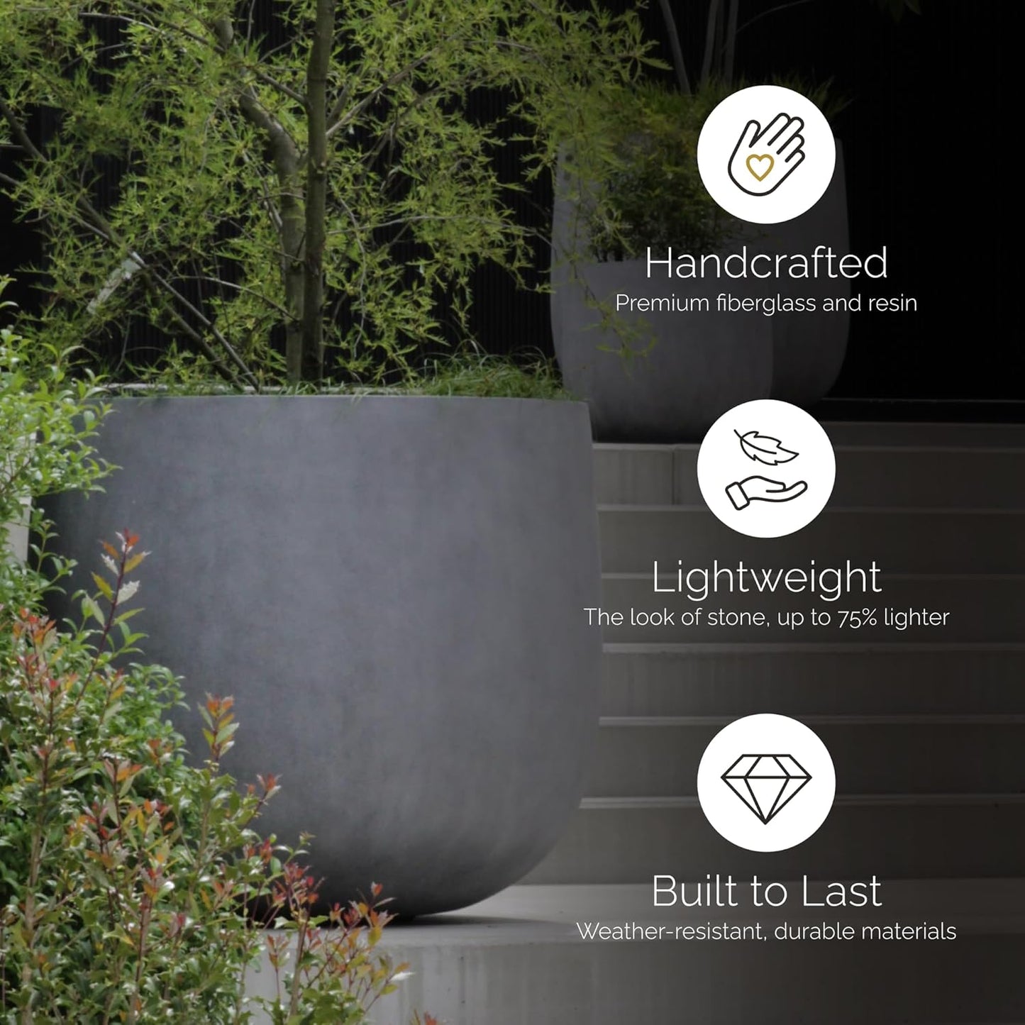 Mondo Large Planter – Grey Stone Finish – Fiberglass Indoor/Outdoor and Weather-Resistant Round Planter (19.7" D x 19.1" H Exterior, 18.5" D x 18.5" H Interior)