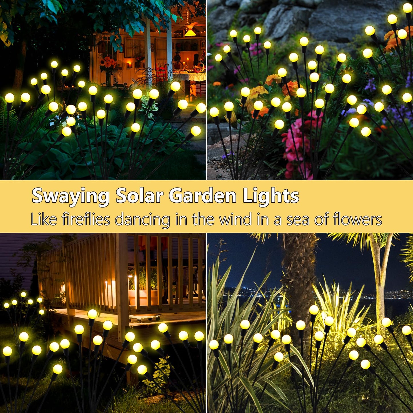 Kohlrabi Solar Garden Lights, 4 Pack 40 LED Waterproof Firefly Lights, Warm White, Swaying Light for Outdoor Decoration