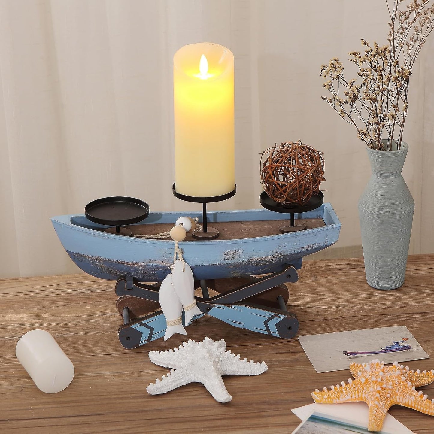 Nautical Candle Holder for Beach House Table & Lake House - Ocean Themed Farmhouse Boat Candlestick Holders, Marine Beach Style Handmade Coastal Accent, Housewarming Gifts