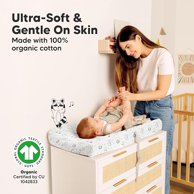 2-Pack Organic Changing Pad Covers for Girl, Boy, Neutral - 100% Cotton Changing Table Pad Cover, Soft Baby Nursery Diaper Changing Pad Sheets,Contour Changing Pads Liners,Change Pad Cover (KeaSafari)