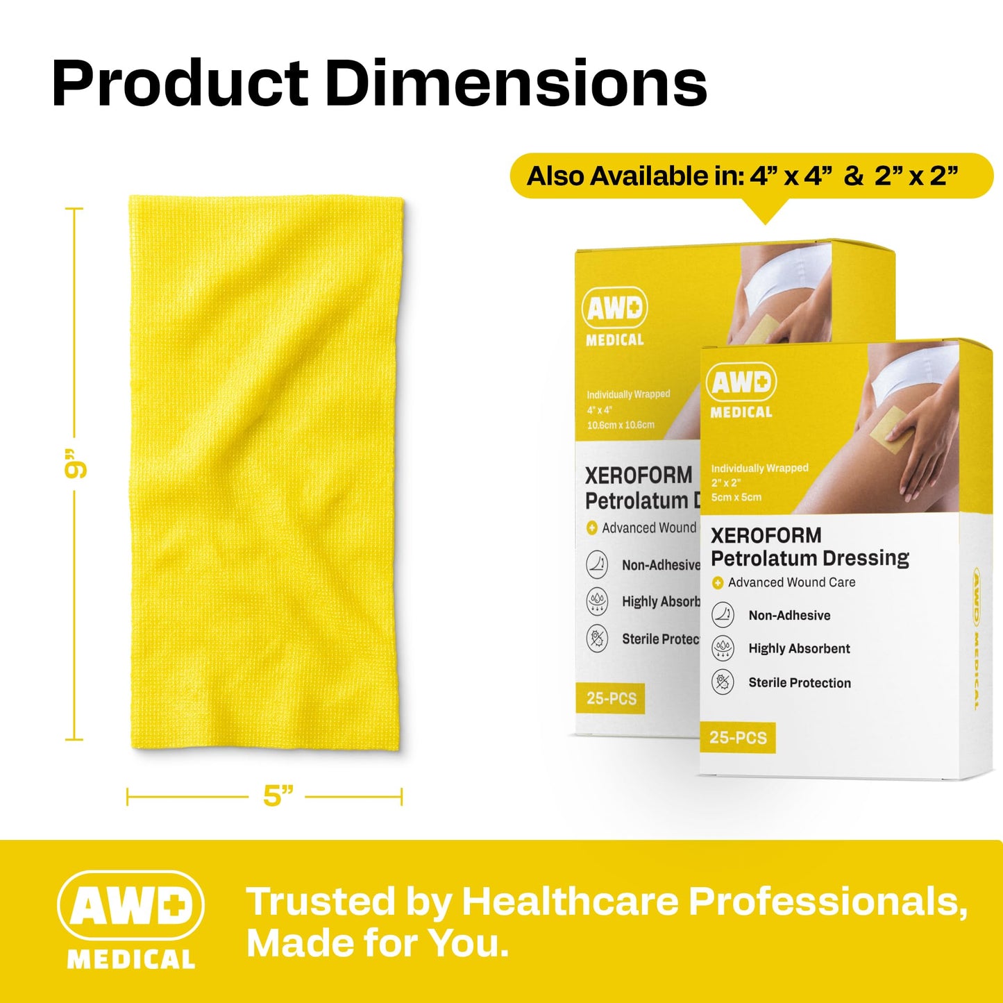 AWD Medical Xeroform Petrolatum Dressing 5x9 - Non-Adhering Gauze Pads - Fine Mesh Gauze Patch Sterile - Healthcare Supplies for Wound Care, Burns, Lacerations, & Skin Grafts Aide (Box of 25, 5"x9")