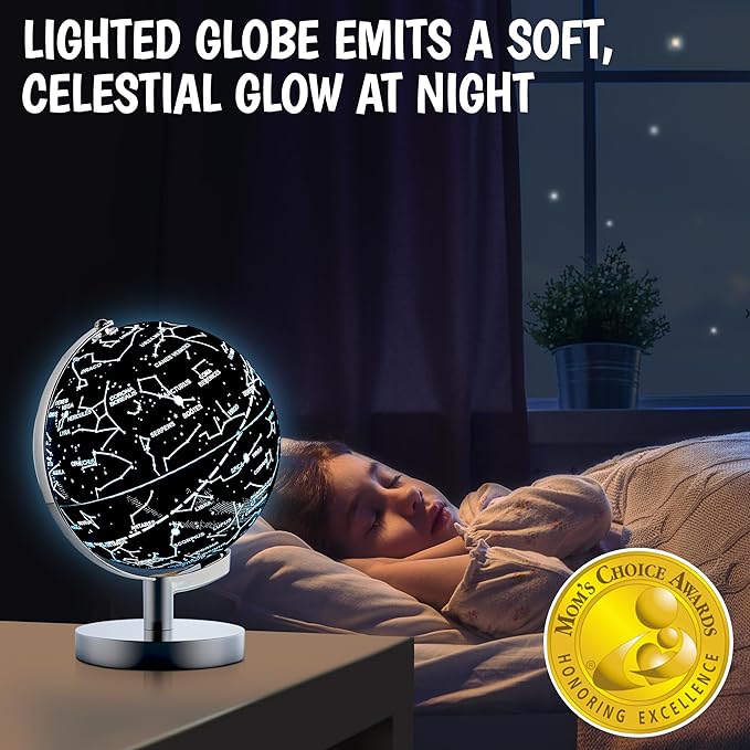 USA Toyz Illuminated Globe for Kids Learning- 3-in-1 STEM Globes of the World with Stand, Constellation Map, Built-in LED Night Light Desk Globe Lamp, Non-Tip Metal Base, 9.75” Tall, 7 Inch Diameter