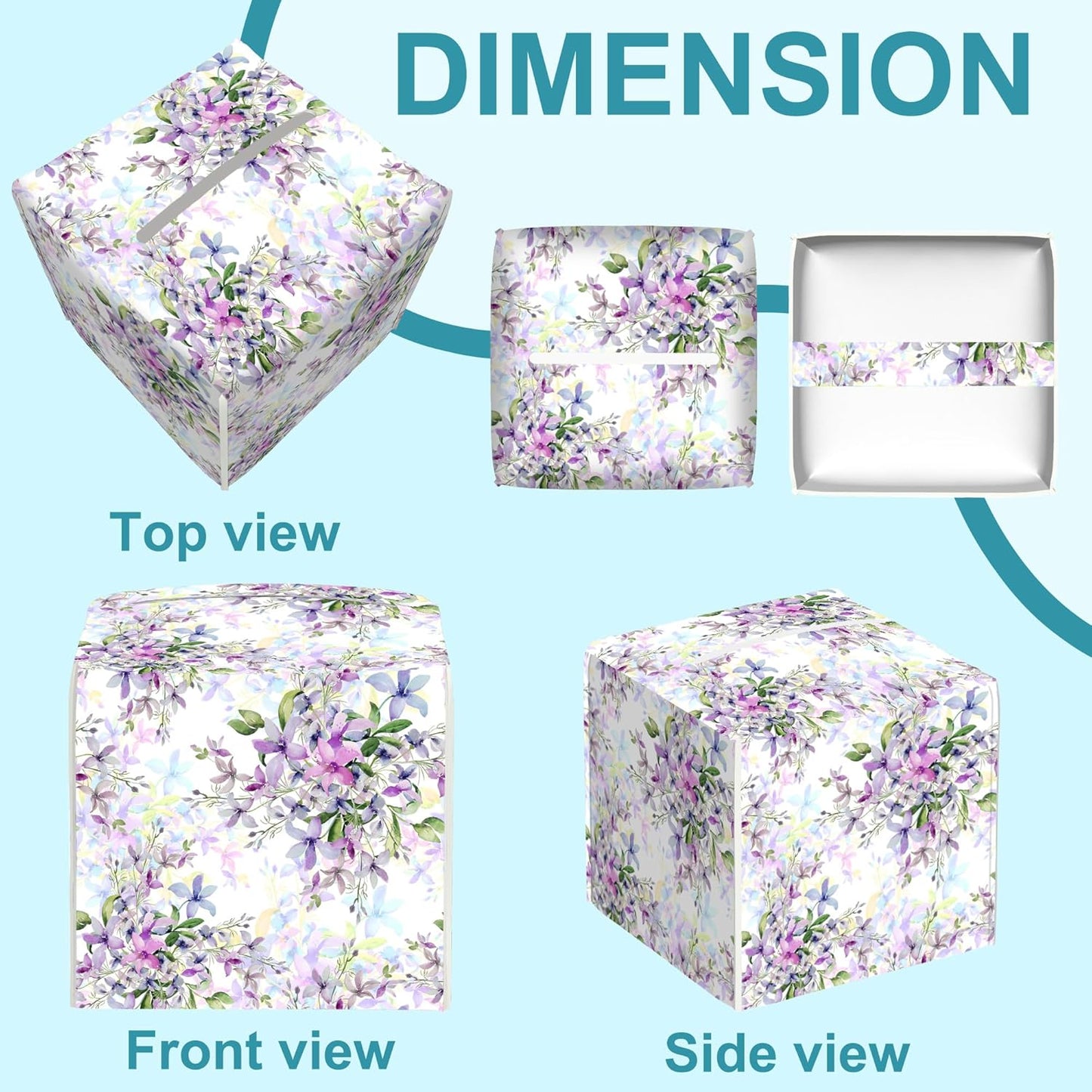 Watercolor Wild Flowers Tissue Box Holder,Purple Flowers Square Leather Tissue Box Cover with Bottom Belt,Modern Napkin Holder Organizer for Car Bathroom Nightstand Vanity Office,5.2" x 5.2" x 5.2"