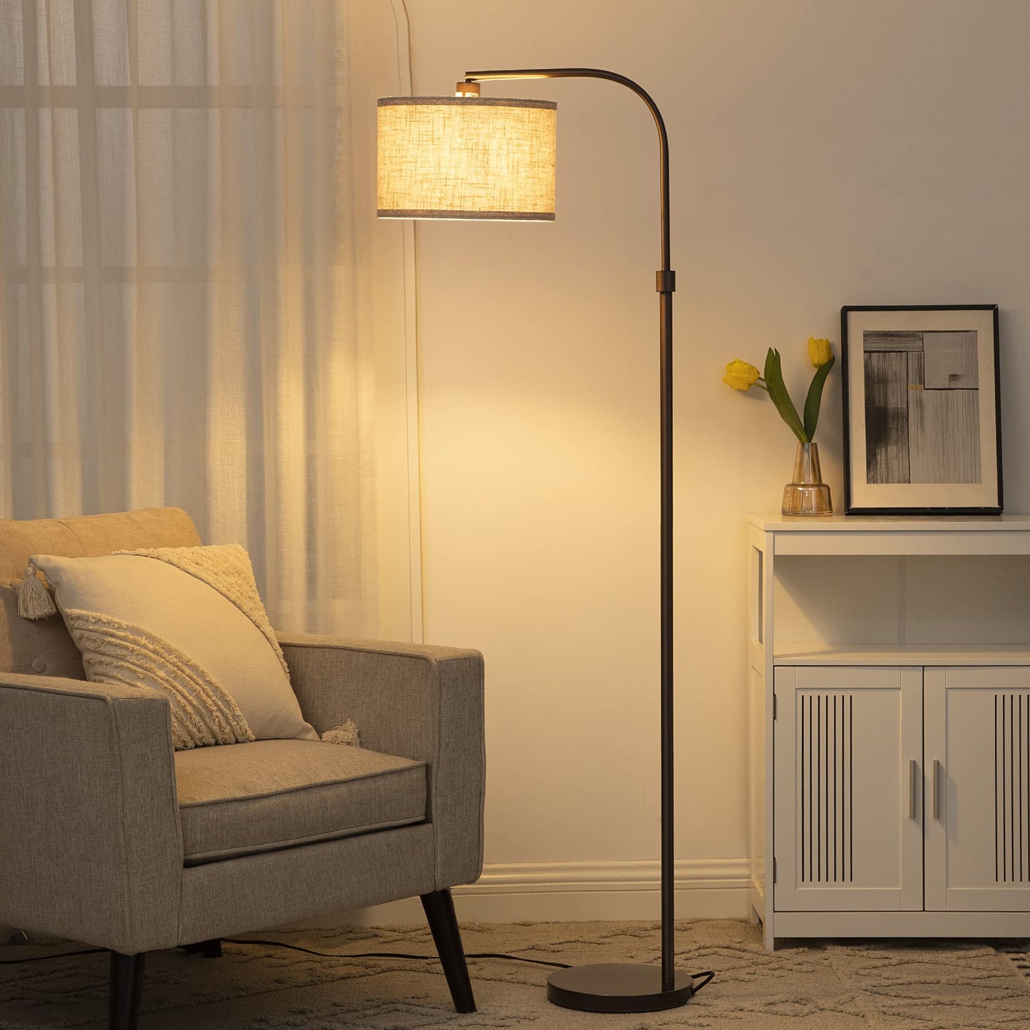 EDISHINE Arched Floor Lamp, Adjustable Linen Shade, Metal, Bronze, Model HOFL04G, Minimalist Design for Living Room, Bedroom, Office