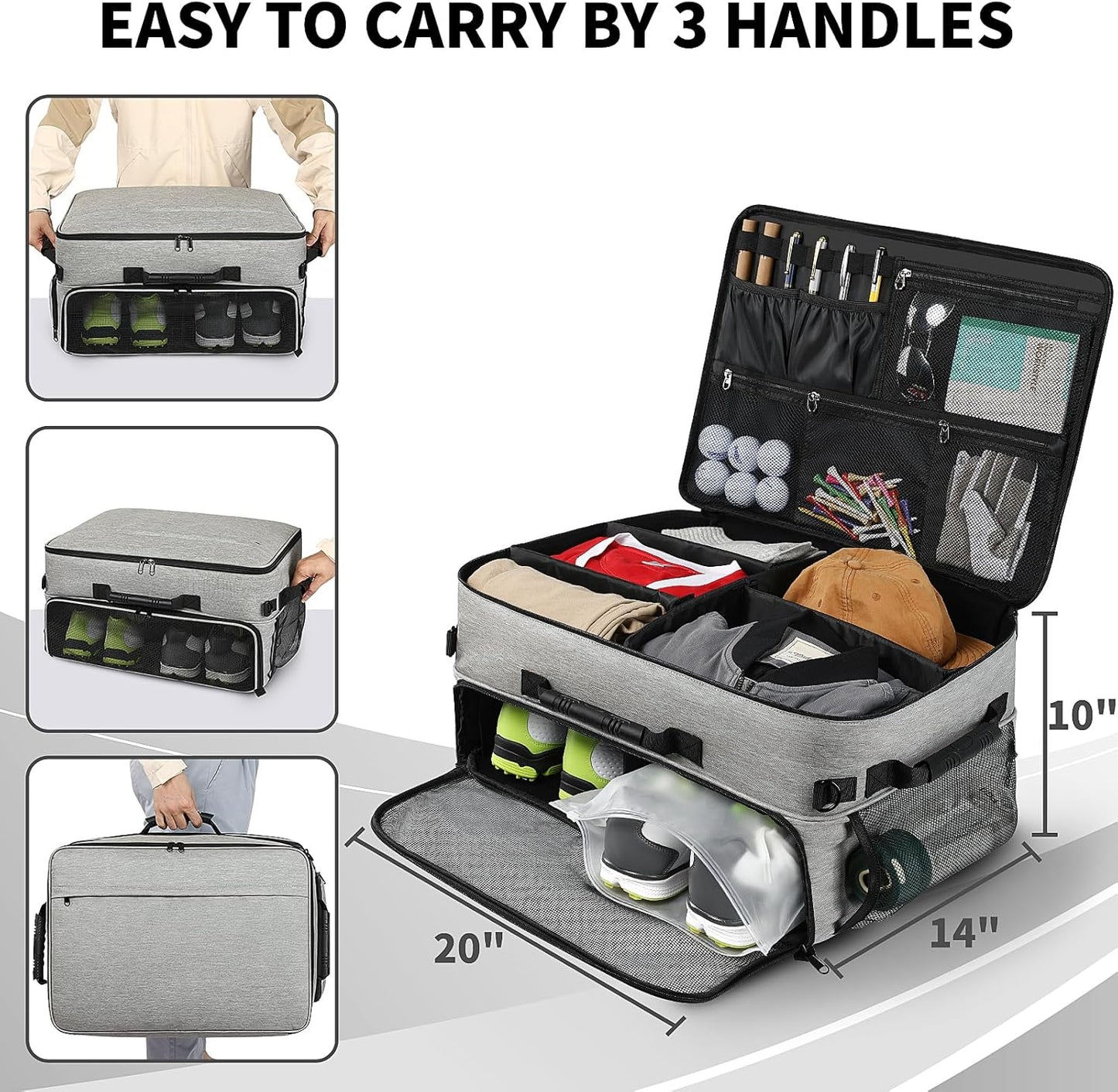 Extra Large Golf Trunk Organizer, Golf Gifts for Men Golfers, 20"x 14"x 10" 2 Layer Golf Trunk Organizer for Car, Water-resistant with Ventilated Compartment for 2 Pair Shoes and More Golf Accessories