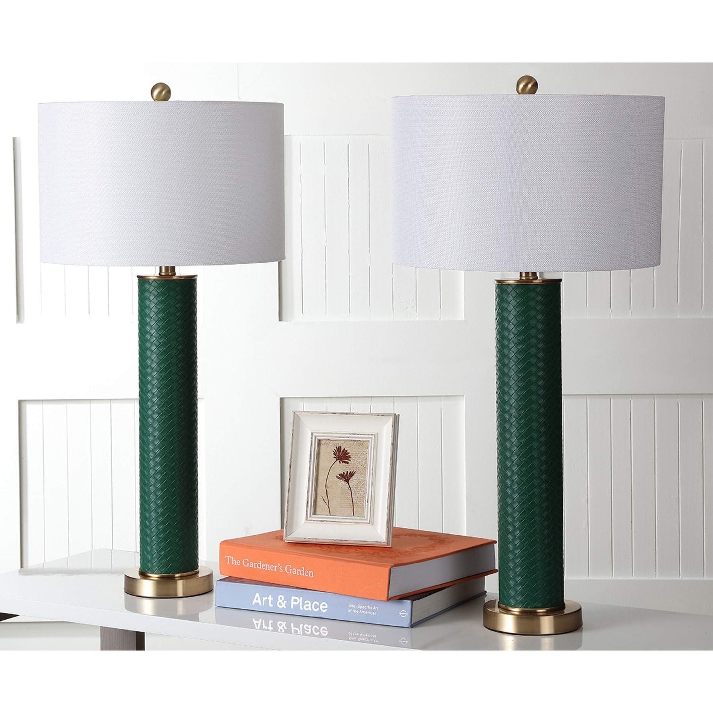 SAFAVIEH Table Lamp Set of 2, Modern Dark Green Faux Woven Leather, 32-inch, Model LIT4404K-SET2, LED Bulbs Included