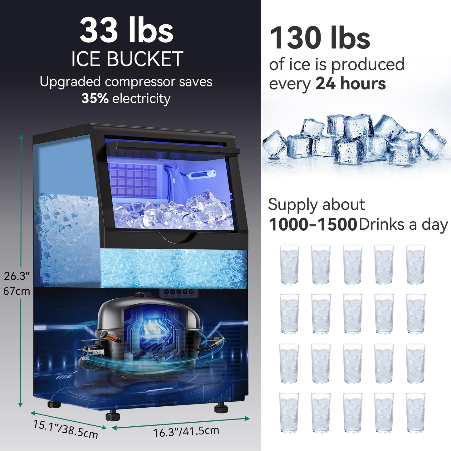 YITAHOME 130lbs Ice Maker Machine Commercial Under Counter Ice Maker, ETL & DOE Certificated Commercial Large Ice Makers Freestanding for Home Cafe Bar Restaurant 44pcs with 17lbs Storage Bin