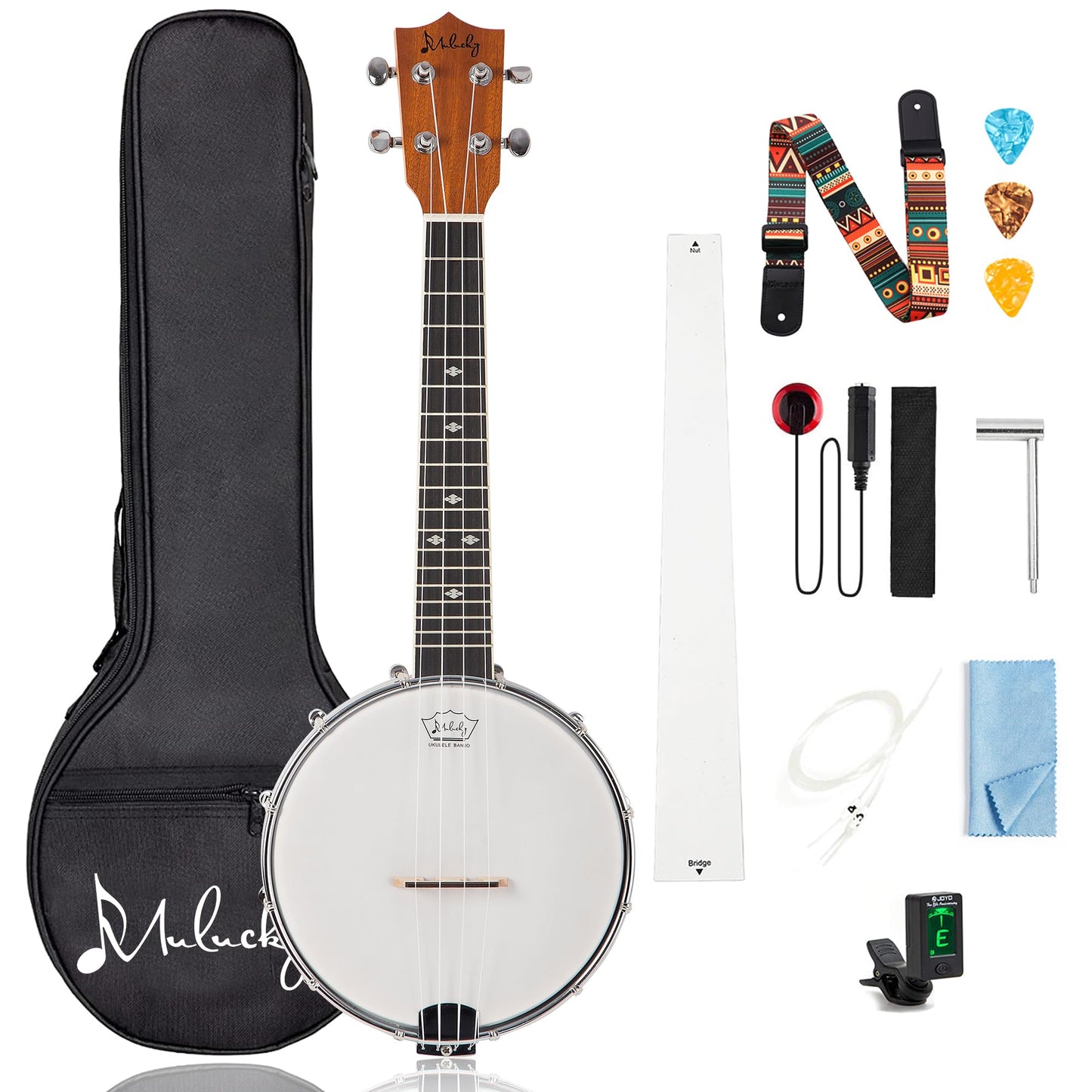 Mulucky 4-String Banjo Ukulele | Banjolele 23 Sapele Wood with Remo Head & Nylon Strings | Dark Brown Travel Kit (Bag, Tuner, Pi