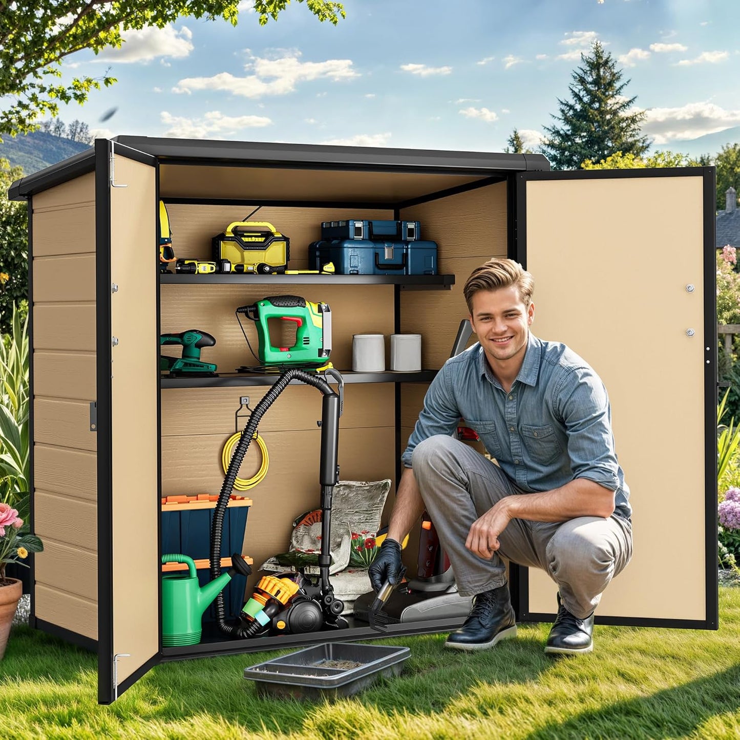 DWVO Outdoor Storage Shed with 2 Shelves, 51 Cu Ft Waterproof Resin Garden Shed with Floor & Lockable Door, Plastic Tool Cabinet for Garbage Cans, Lawn Equipment, Garden Supplies (Brown)