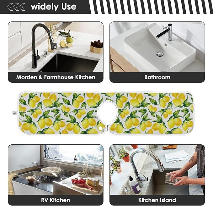 Kitchen Faucet Absorbent Mat,Lemon Water Splash Guard for Sink, Faucet Drip Catcher Thicken Sponge Microfiber Faucet Water Catcher Mat Sink Absorbent Mat for Kitchen 23x5in 2 Pack