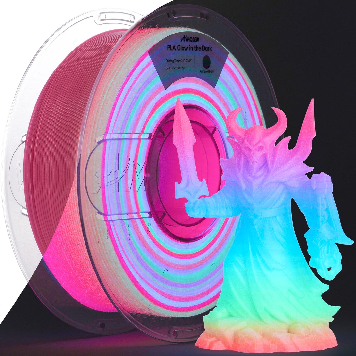 AMOLEN PLA Filament Glow in The Dark, Rainbow 5M Red, Blue, Green, Orange, Multicolor Fast Change 3D Printer Filament 1.75mm, Be