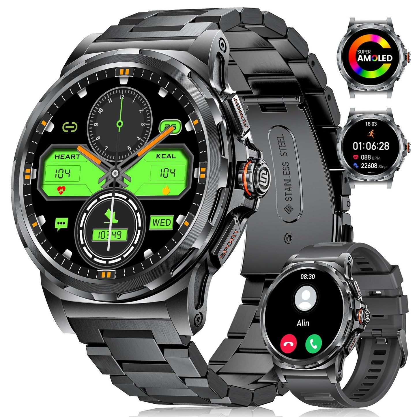 Military Smart Watch for Men(Answer/Dial Calls),1.46'' AMOLED Touchscreen/5ATM Waterproof/120+ Sports Modes Fitness Watch with Blood Pressure/Heart Rate/SpO2/Pedometer for Android iOS Smartwatch Black