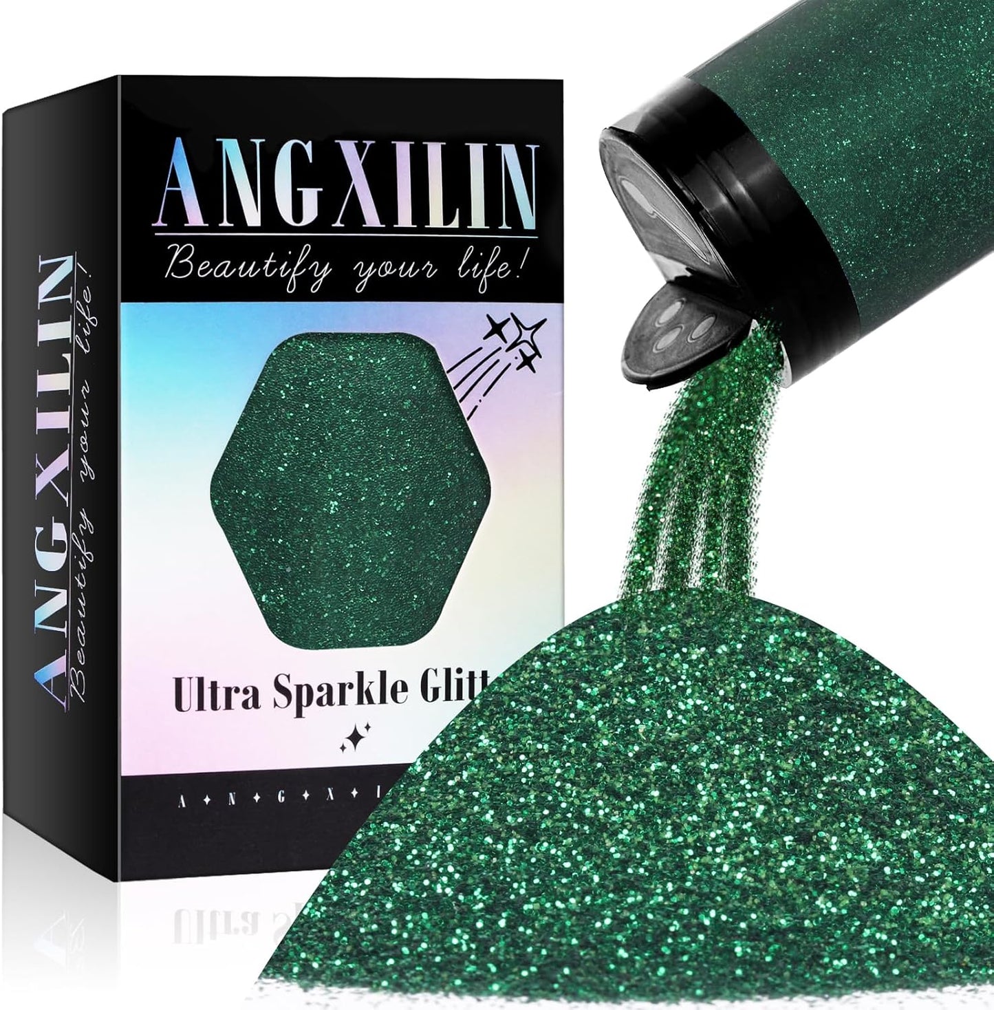 High Capacity 260g Shaker Bottle Package Metalic Fine Glitter,ANGXILIN for Tumbler Jewelry Making,Epoxy Resin DIY Craft,Face Body Nail Art Fine Glitter (Forest Green)