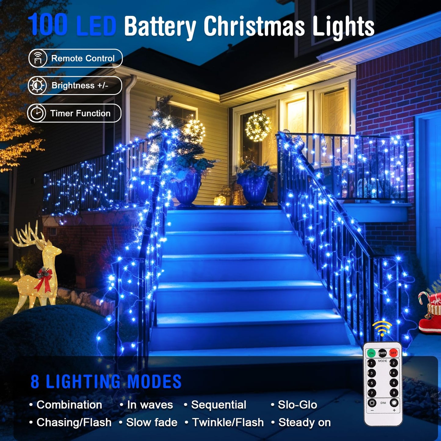 Jmexsuss 33Ft 100 Led Blue Battery Operated Christmas Lights, Waterproof With 8 Modes For Indoor/Outdoor Decor