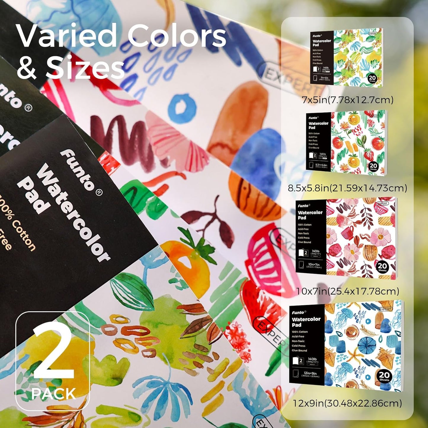 Funto Watercolor Pads, 2 Packs, 100% Cotton, 20 Sheets Each, 7x5, 140lb/300gsm, Glue Bound, Easy Tear Heavyweight Art Paper for Painting
