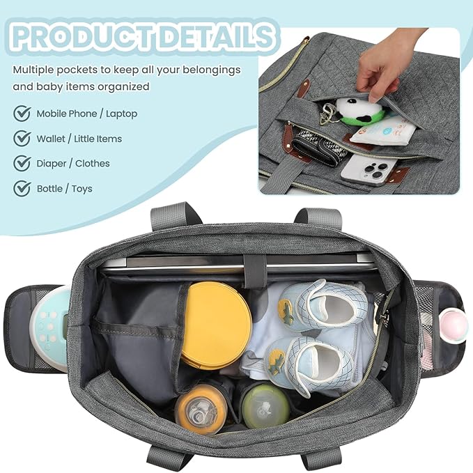 Diaper Bag Tote for Working Mom, Large Travel Diaper Tote for Mom and Dad with 14 Inch Laptop Sleeve, Mommy Maternity Travel Baby Bag for Boys and Girls, Grey