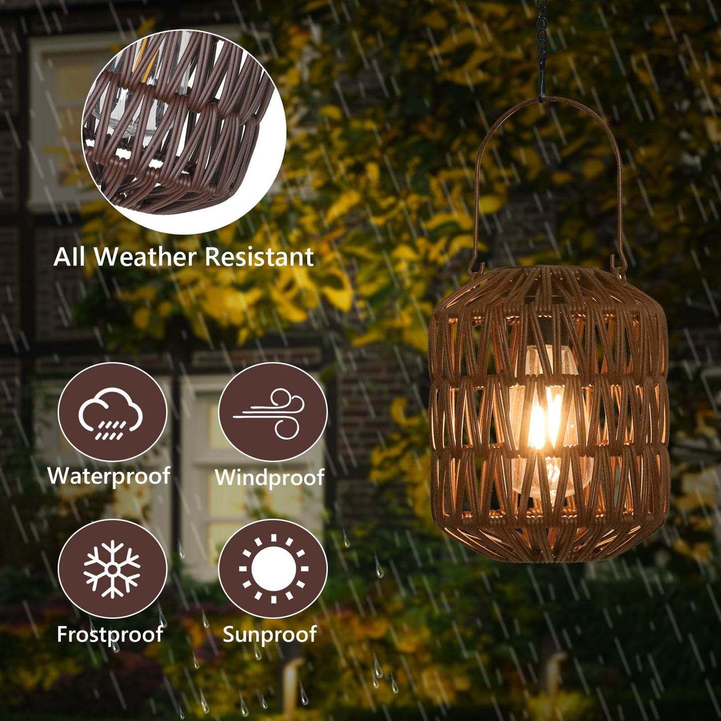 eyassi Rattan Outdoor Solar Lanterns, Waterproof Table Lamp, 2 Pack, Coffee, Plastic Rattan & Metal Frame, Model 250501A1