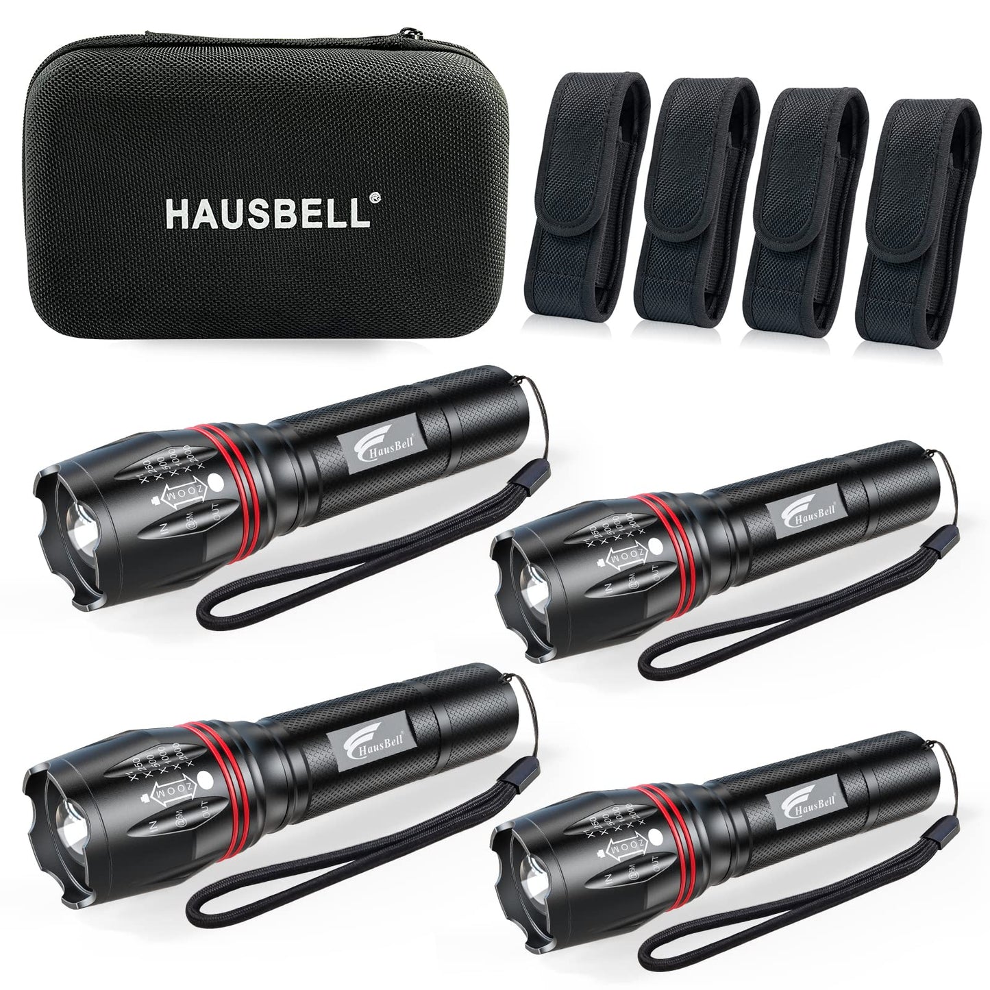 HAUSBELL T8 LED Flashlight, Zoomable, 5 Modes, Aluminum, 4 Pack