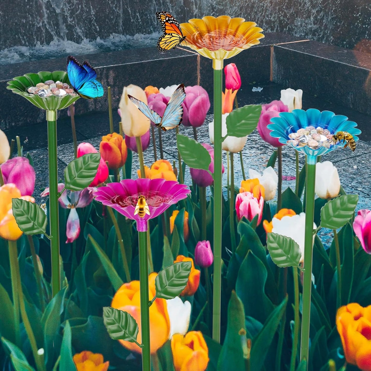 2 Pack Bee Watering Station,Bee Bath for Garden Metal Bee Water Feeder with Flower Design, Colorful Butterfly Bee Bath Bowl for Outdoor Garden Yard Decor (Blue,Yellow)
