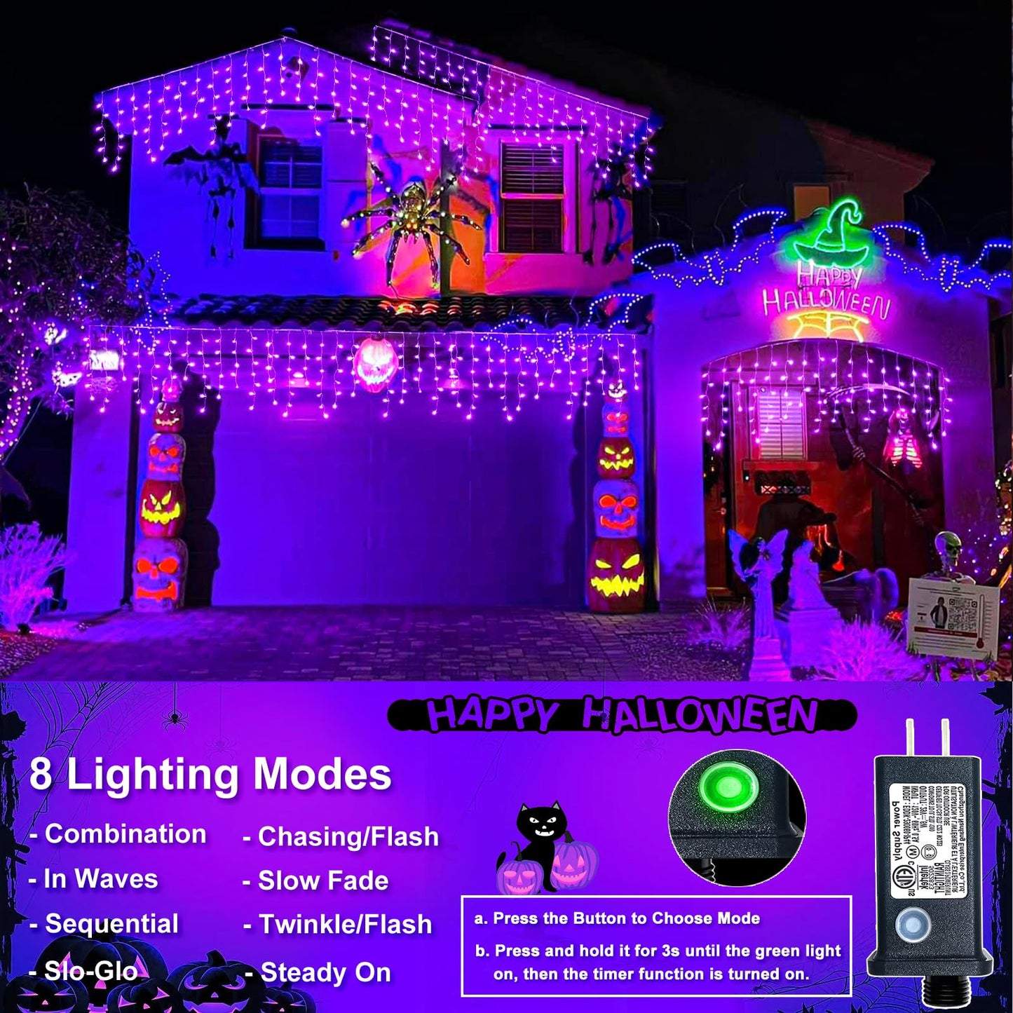 XmasBokeh 640 LED Icicle Lights, 66FT Outdoor String Curtain Light, 8 Modes, Waterproof, Purple, Model BG-CL3M3-306L01