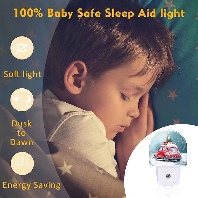 Vintage Christmas Red Car Night Light for Kids, Car Loaded with Gifts Christmas Tree Night Light Plug in with Dusk to Dawn Sensor,0.5w Energy Saving Nightlight for Boys Girls Home Decor