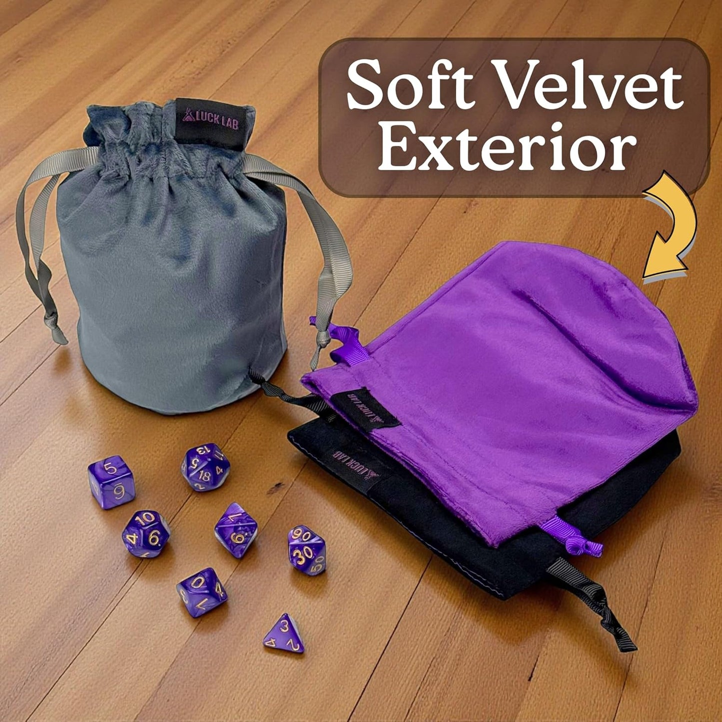 Luck Lab Velvet Drawstring Dice Bag - Set of Three Colors - Dungeons and Dragons Fabric/Standing Cotton Fabric Dice Bags/D&D Dice Pouch/Small Pouch/Velvet Jewelry Bag (Purple, Black, Grey)