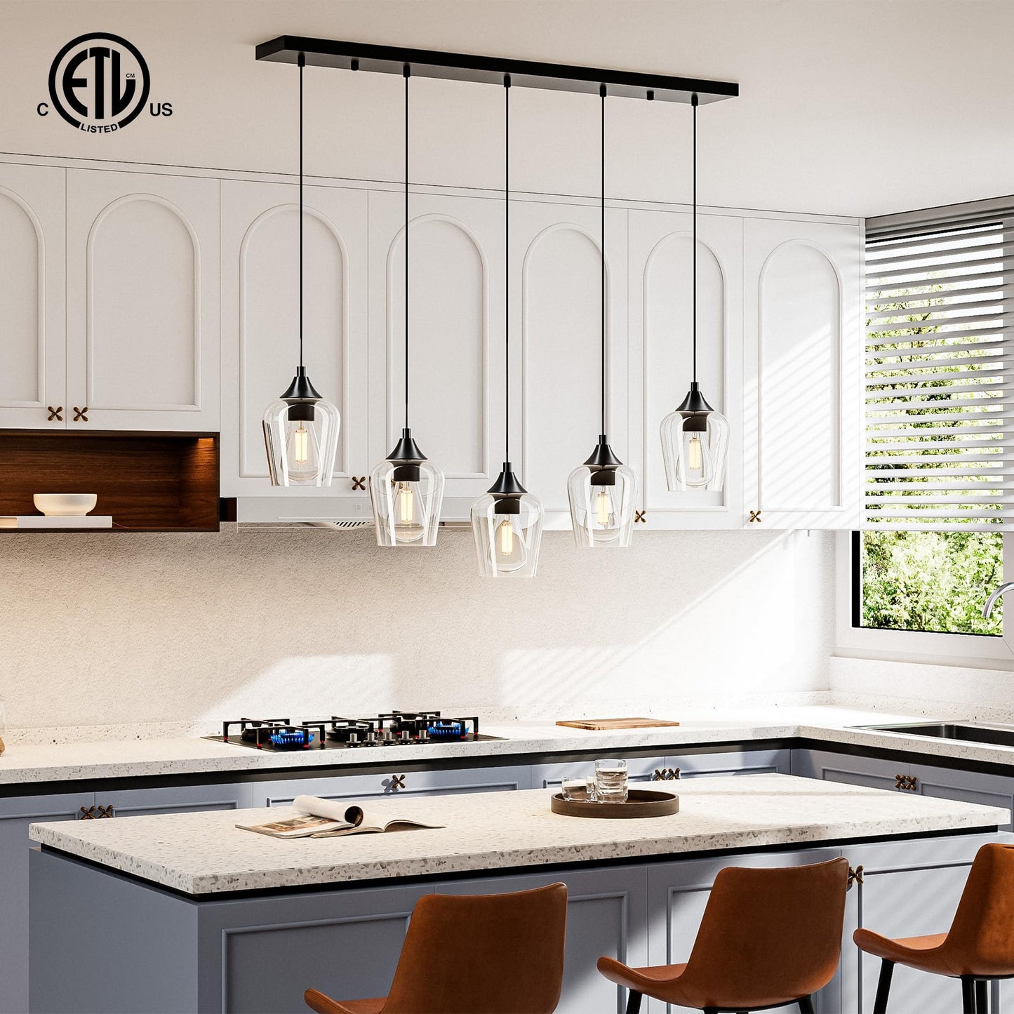 Vonluce 5-Light Pendant Light Kitchen Island  Pendant Light Fixture With 10-55 Height  Modern Pendant Lighting With Wine Glass Shades For Living Room Hallway  Matte Black  Etl Certificated