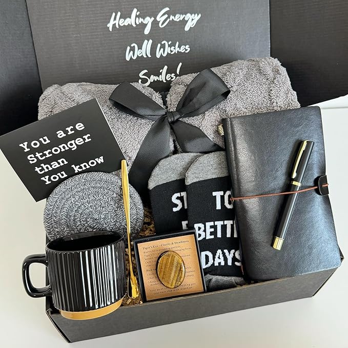 Care Package for Men - Get Well Soon Gifts for Men with Plush Blanket, Ceramic Mug Set, Socks, PU Notebook, Pen, Stress St...