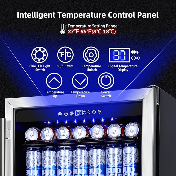24 Inch Beverage Refrigerator, 180 Can Capacity Beverage fridge, Built in or Freestanding Drink Cooler with Glass Door, Under Counter Beer Fridge, LED Indicator Light and Adjustable Shelve