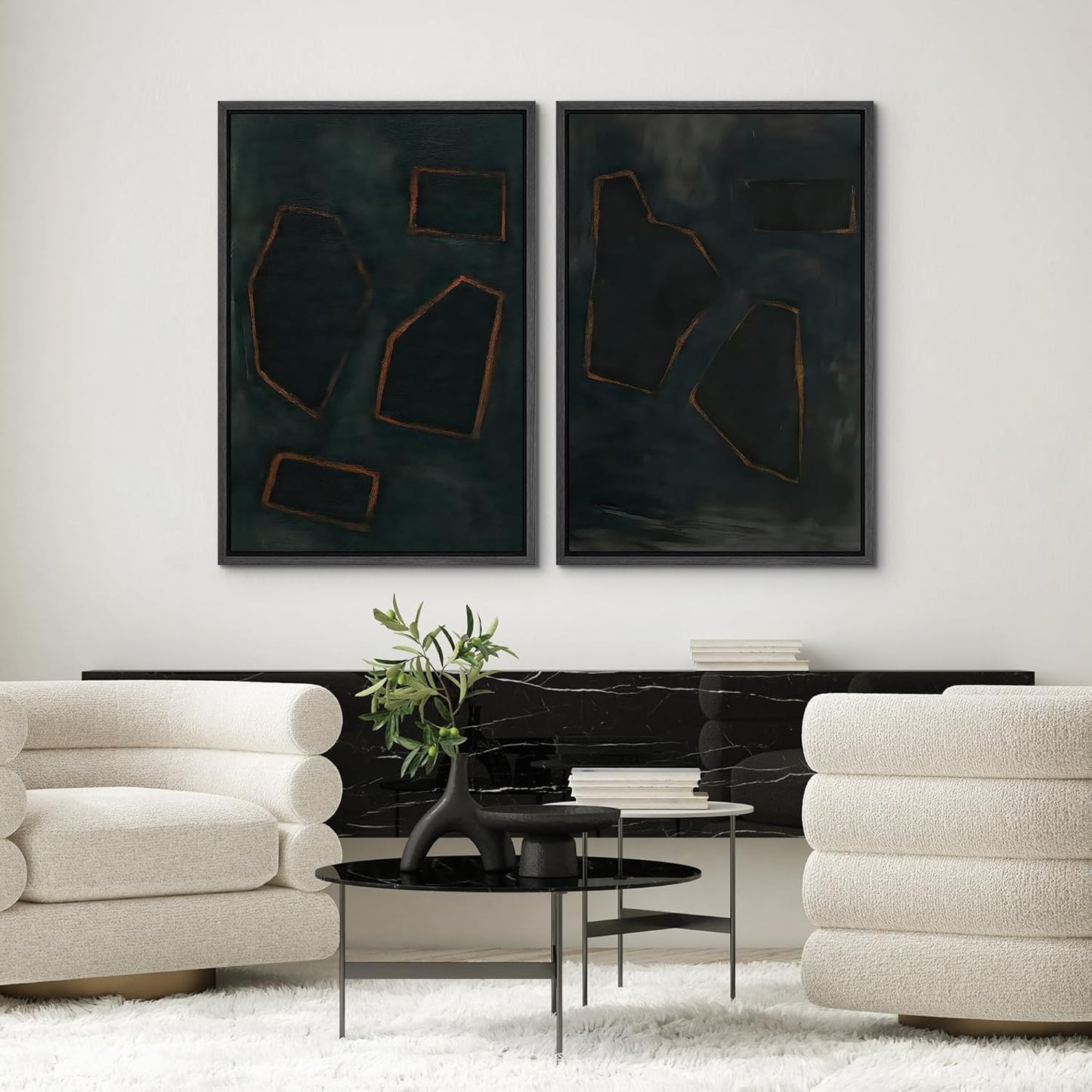 SIGNWIN Framed Wall Art Print Set Dark Geometric Abstract Modern Minimalist Shapes Illustrations Modern Art Rustic Relax/Calm Multicolor for Living Room, Bedroom, Office - 24"x36"x2 BLACK
