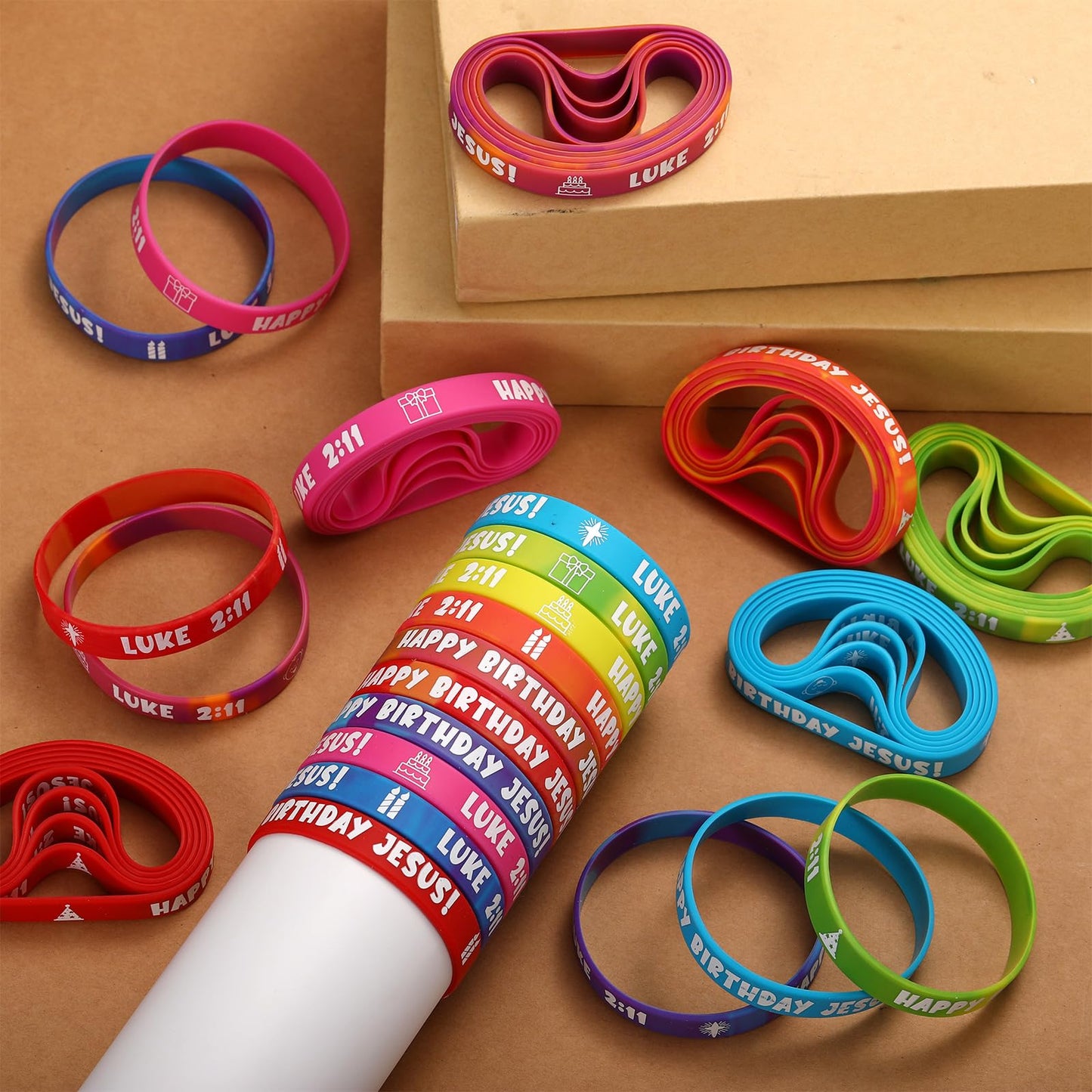 PullCrease 100 Pcs Happy Birthday Jesus Wristband Christmas Luke 2: 11 Rubber Wristband 10 Styles with Christian Religious Cross