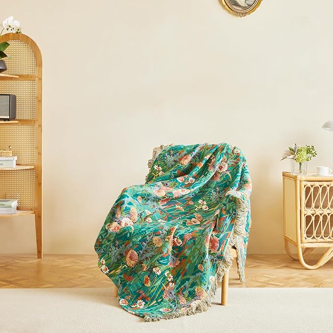MSGKV Boho Throw Blanket 60"x80" Floral Blankets for Bed 100% Cotton Twin Size Couch Blanket Lightweight Farmhouse Muslin Breathable Home Decor All Seasons