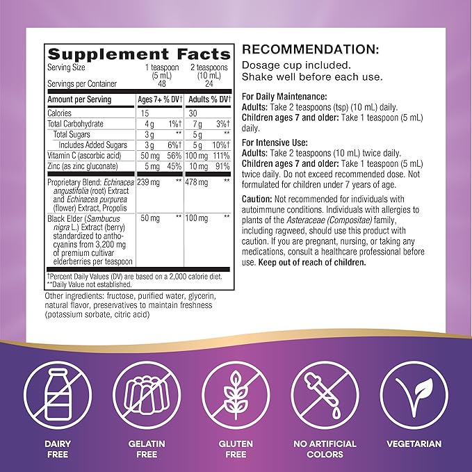 Nature's Way Sambucus Immune Syrup, Elderberry Extract, Vitamin C, Zinc, Echinacea, Propolis, Daily Immune Support*, Antioxidant Support*, Gluten free, Vegetarian, 8 Fl Oz