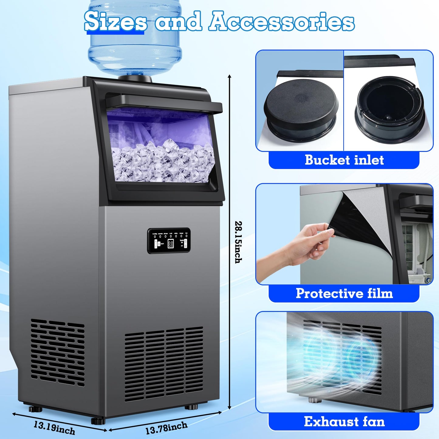 Commercial Ice Maker 120lbs/24H with 22Lbs Storage, Stainless Steel Freestanding Ice Machine 40Ice/Cycle Under Counter Ice Maker Self-Cleaning Function 2 Water Inlet Modes for Homes Bars Restaurants