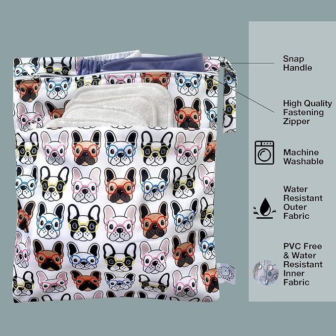 FLOCK THREE 4pcs Waterproof Wet Bag Reusable for Wet Clothes Baby Diapers Stroller Swimsuit Travel Reusable toiletries Pouch Small and Larger Electronics case 4 Pack (Cute Dog)