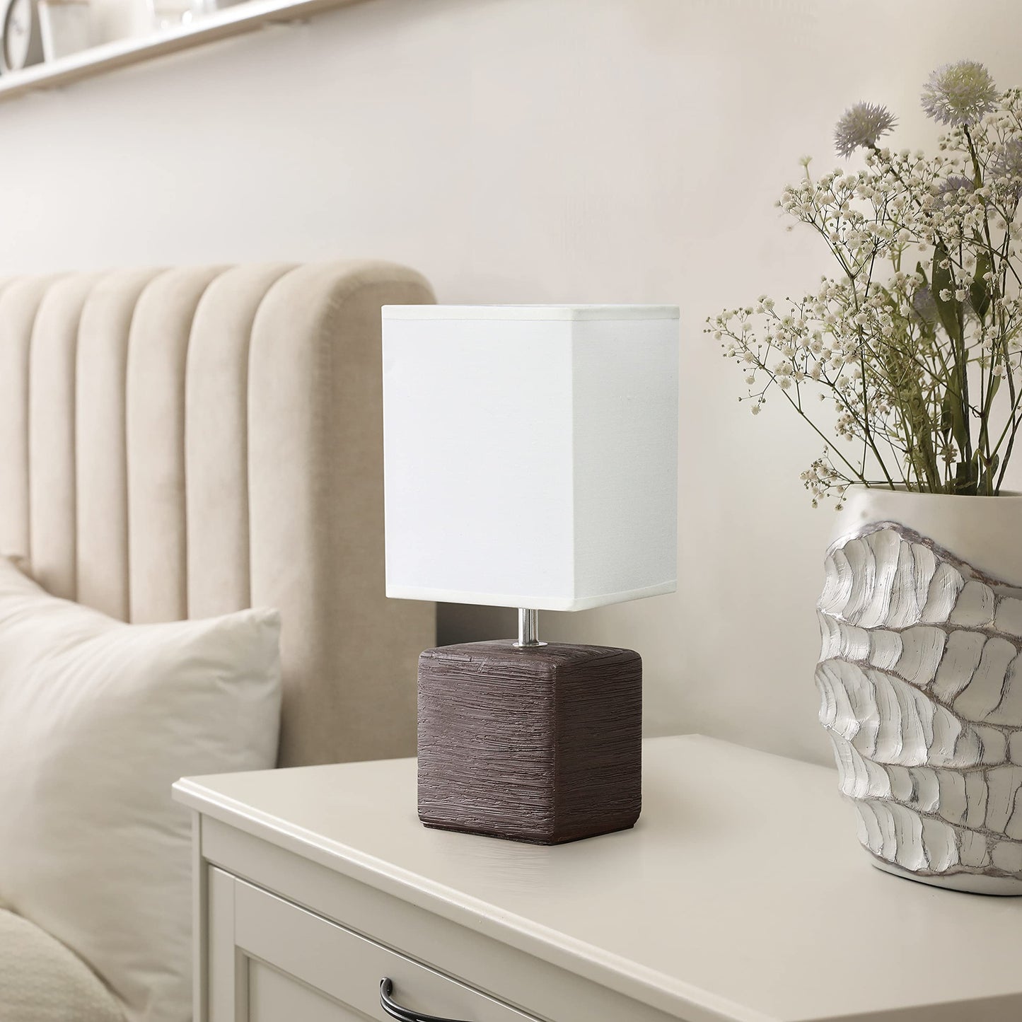 Simple Designs Petite Faux Stone Table Lamp Lt2072-Bwn, Ceramic, Brown With White Shade