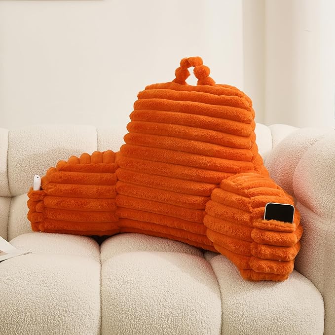WERDIM Reading Pillow for Sitting in Bed, Faux Fur Back Pillow for Bed Rest, Bed Chair Pillow with Arms and Pockets(Standard, Orange)