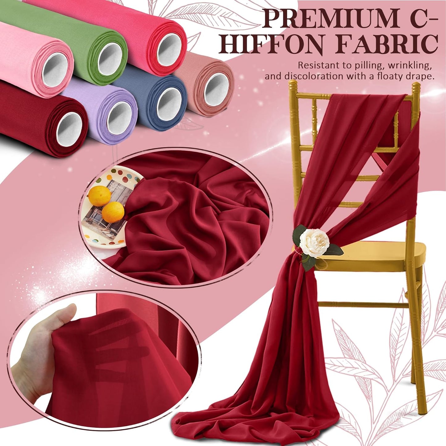 Horbaunal Burgundy Chiffon Fabric by The Yard, 5 Yard Continuous Sheer Fabric 59" Wide Soft Draping Fabric for Wedding Arch Draping Party Backdrop DIY Sewing