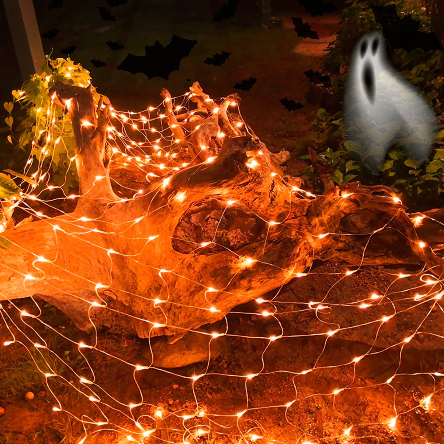 LJLNION Halloween Net Lights, 360 LED, 12ft x 5ft, Connectable Mesh Fairy String Lights, Orange, Model HB-360WCOI