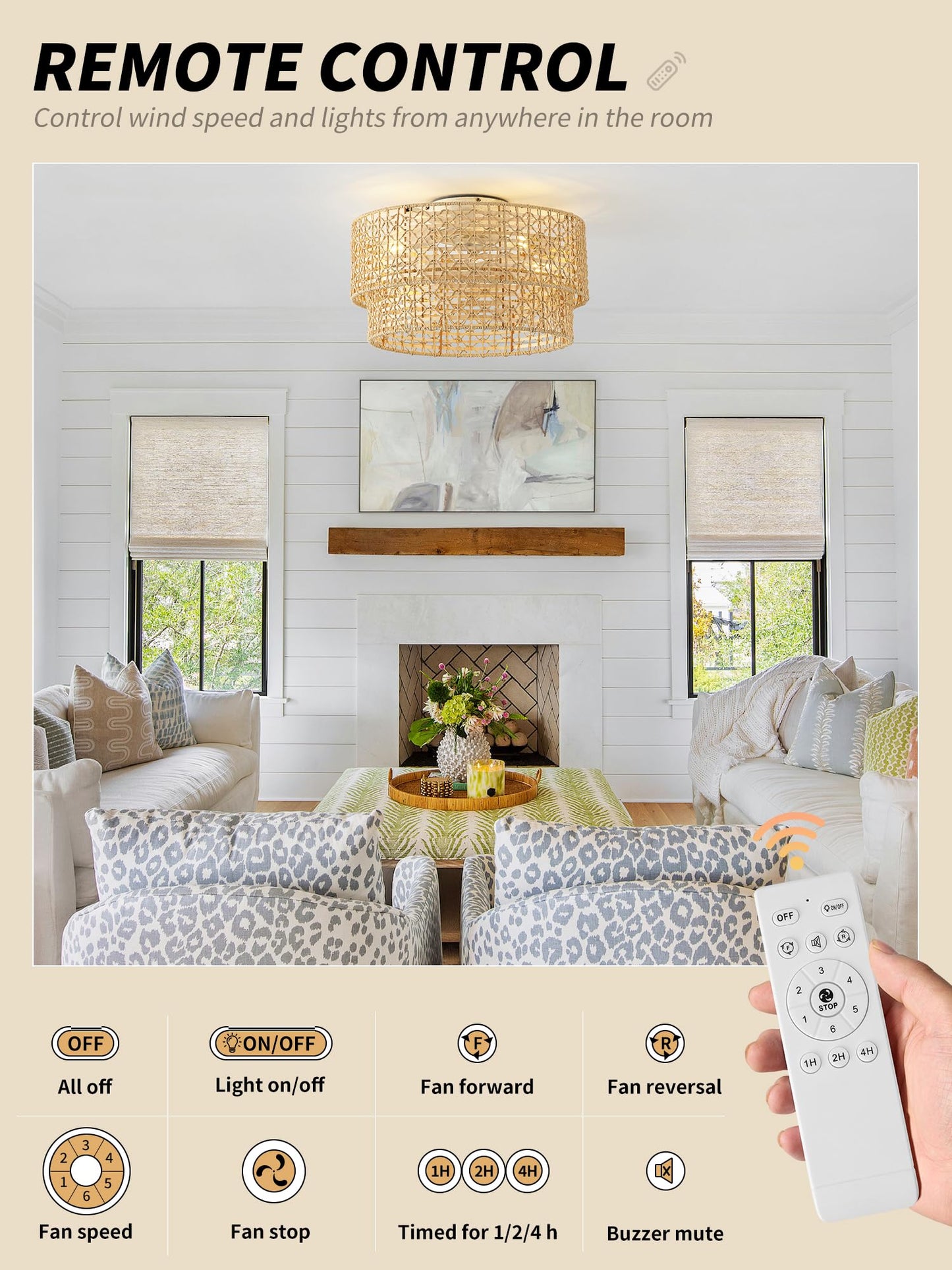 Flush Mount Ceiling Fan With Lights Low Profile, 20 Rattan Boho Ceiling Fan With Light Remote Control, Bladeless Caged With 6 Sp