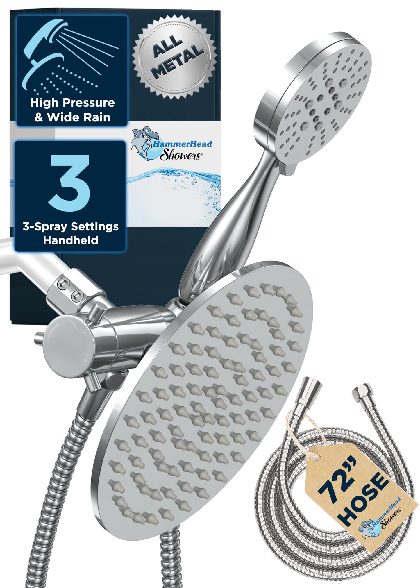 HammerHead Showers Dual Shower Head Combo, 8-Inch Rainfall & 3-Flow Handheld, Chrome, 2.5 GPM